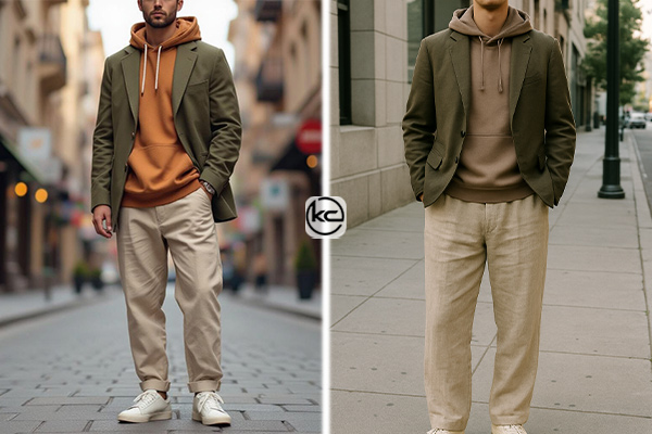 هودی قهوه‌ای روشن + شلوار لینن بژ + کت بِلِیزِر خاکی