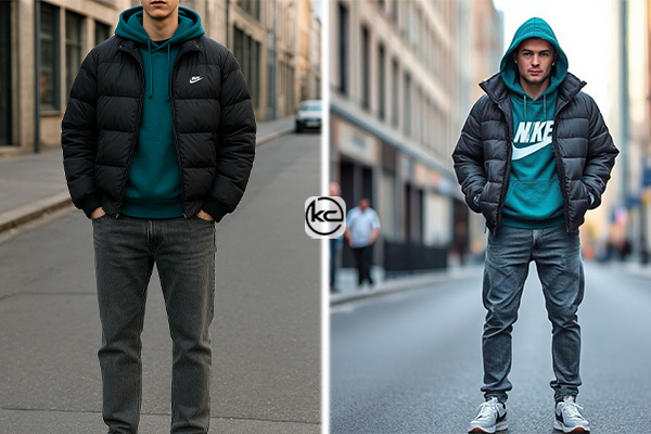 هودی آبی نفتی + شلوار جین خاکستری + کاپشن کوتاه پفی