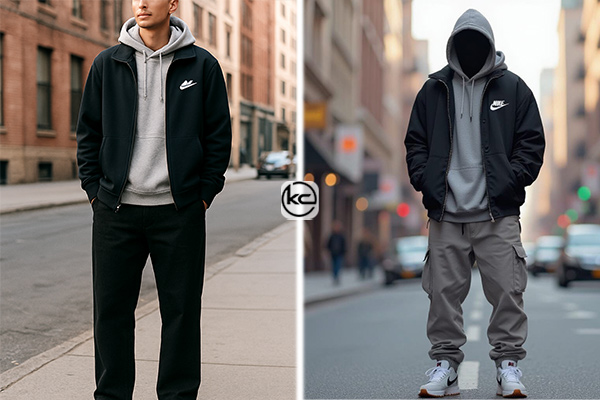 هودی با آستین چرمی یا جزئیات متفاوت + شلوار راسته + سویشرت ورزشی