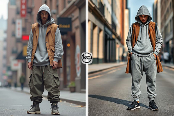 هودی طوسی + شلوار گشاد بَگی + ژاکت بلند بدون آستین (Sleeveless Long Coat)