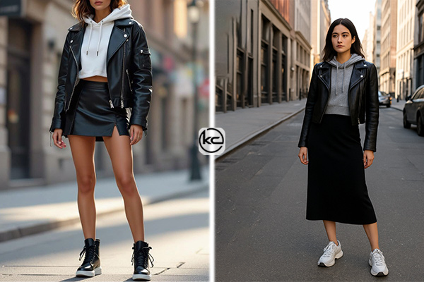 هودی کوتاه (Cropped) + دامن میدی + کت چرمی کوتاه