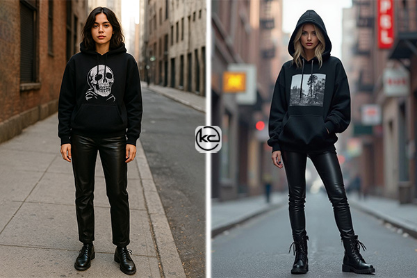 هودی مشکی با چاپ گرافیکی + شلوار چرمی مشکی + بوت آکسفورد چرم