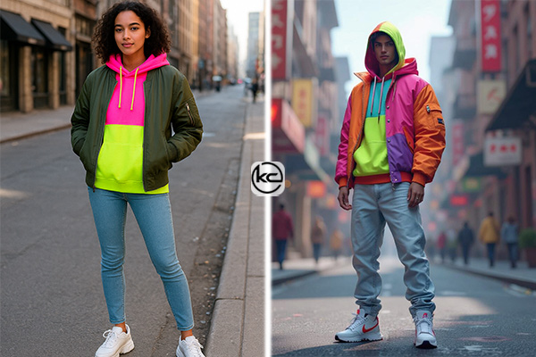 هودی نئون یا رنگ چنده (Color-block) + لگینگ یا جین روشن + کت بومبری