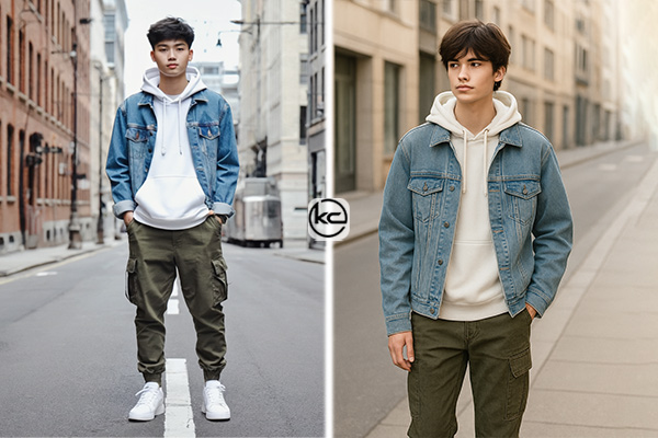 هودی سفید ساده + شلوار کارگو (Cargo) زیتونی + کت دنیم آبی روشن