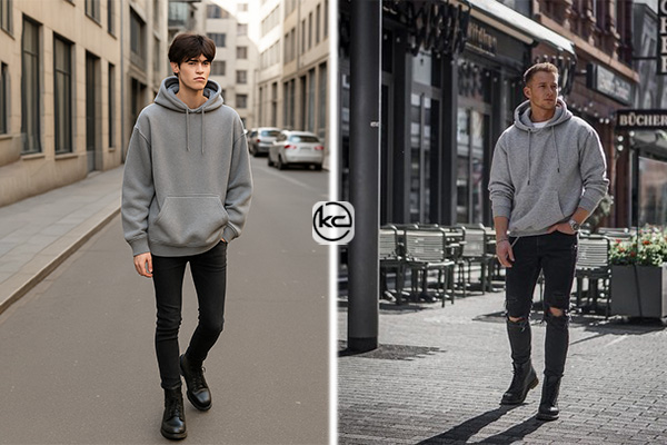 هودی اورسایز خاکستری با شلوار جین اسکینی و بوت چرم مشکی