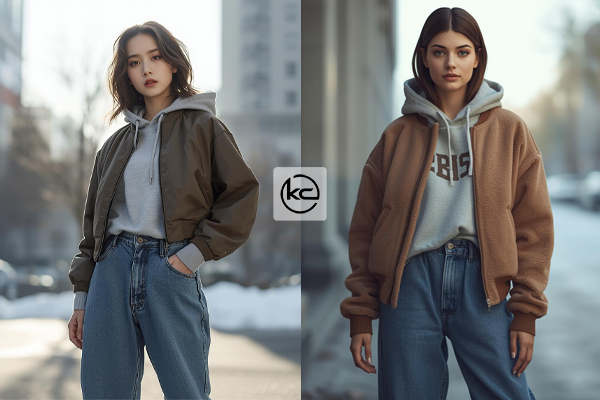 بامبر جکت کوتاه + هودی اورسایز + شلوار جین بگ