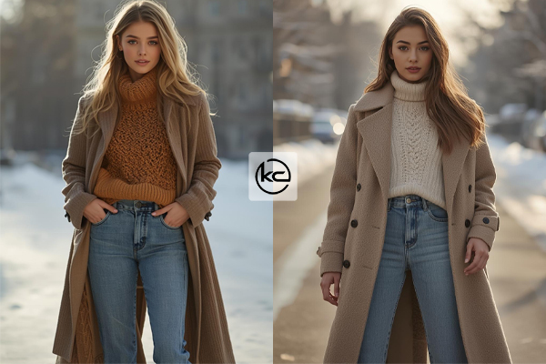 ترنچ‌کت بلند + پلیور بافت + شلوار مام فیت