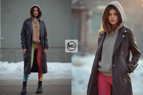 هودی بلند + کت چرمی + لگینگ رنگی