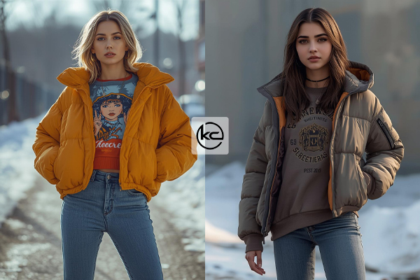 سوئیشرت چاپی + پافر کوتاه + جین جذب