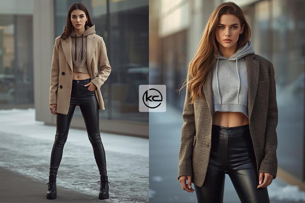 هودی کوتاه + کت بلیزر + لگینگ چرمی