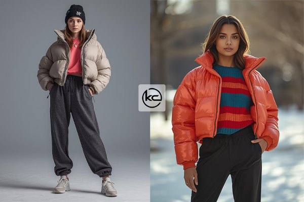 کاپشن پافر کوتاه + سوییشرت رنگی + شلوار ورزشی