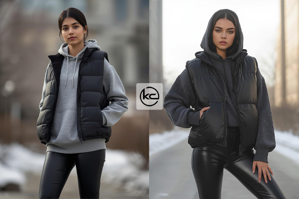 هودی اورسایز + جلیقه پافر + شلوار چرمی