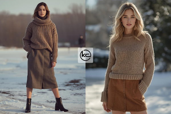 پلیور بافت + دامن پشمی + بوت ساق کوتاه