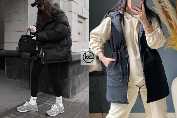 هودی + پافر بلند + لگینگ + اسنیکرز سفید