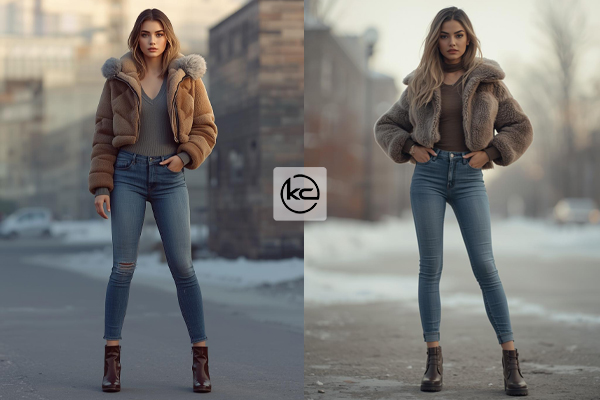 کاپشن کوتاه + جین مام + نیم بوت چرمی